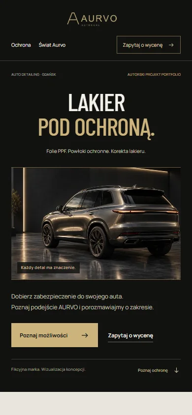 Mobilna wersja projektu Aurvo z ofertą PPF i powłok ochronnych