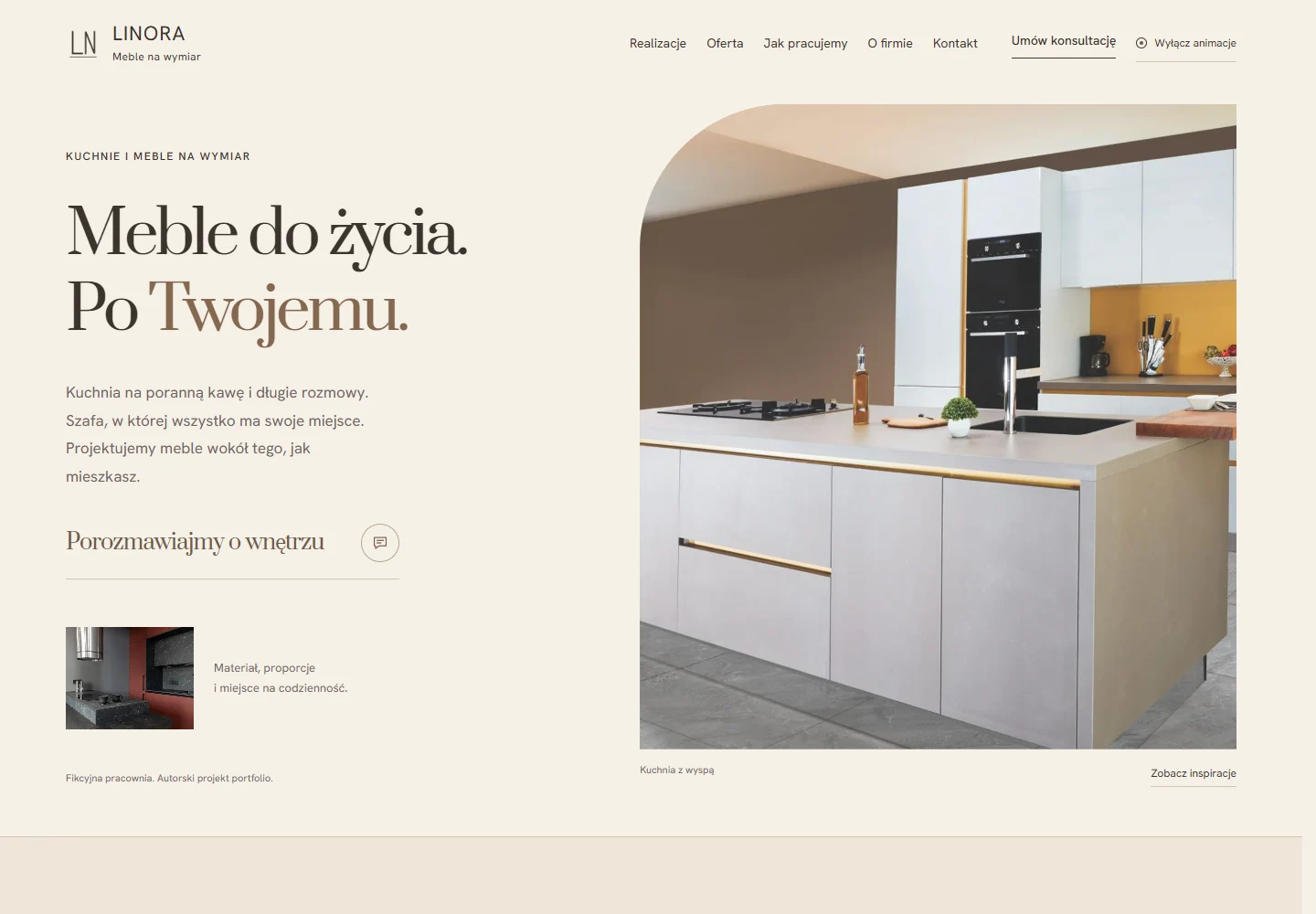 Projekt Linora: jasna strona pracowni mebli i kuchnia z wyspą